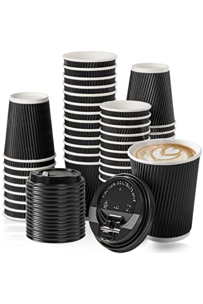 Generic Fit Meal Prep 50 Pack 12 oz Insulated Ripple Triple Wall Paper Coffee Cups with Black Lids, Premium