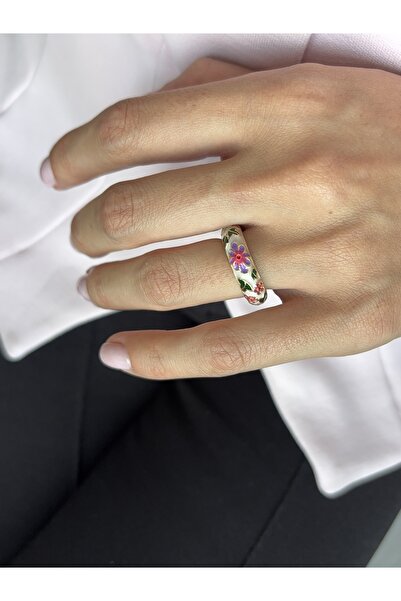 Ressia Vintage Model Flower Patterned Enamel White Ring