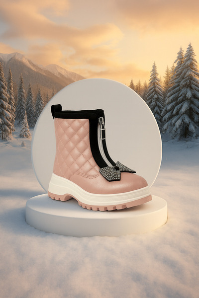 Zilvana Kız Çocuk Fermuarlı Kapitone Desenli Taşlı Fiyonk Detaylı Kışlık Bot