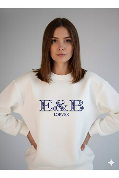 LORVEX E&B Orta Baskı Unisex Oversize Crew Neck Swea alb tricou