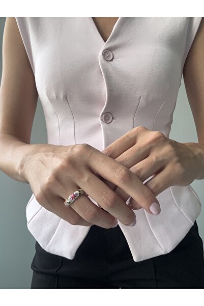 Ressia Vintage Model Flower Patterned Enamel White Ring