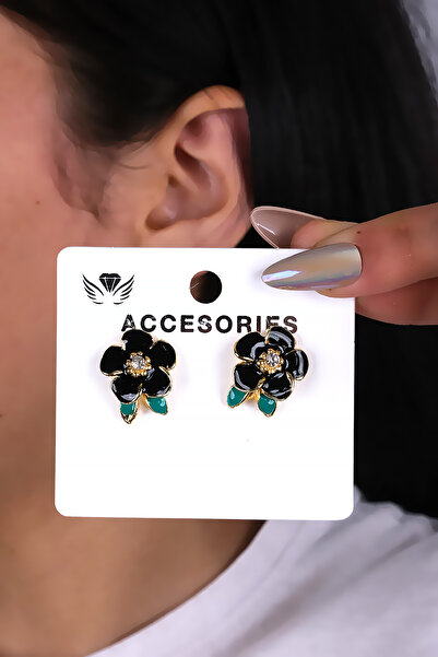 LOWEN AKSESUAR أقراط نسائية بتصميم زهرة سوداء