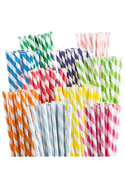 Generic ELECDON 200 Biodegradable Paper Straws-10 Color Stripes Durable and Environmentally Friendly-Rainbo