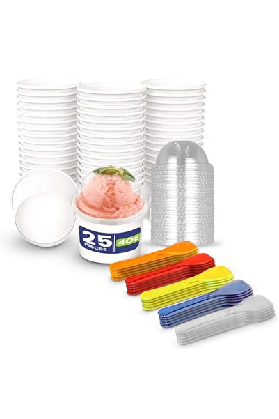 Generic SNH Packing Disposable Paper Ice Cream Cup with Lid and Spoon 25-Pieces, 4 oz Capacity, White