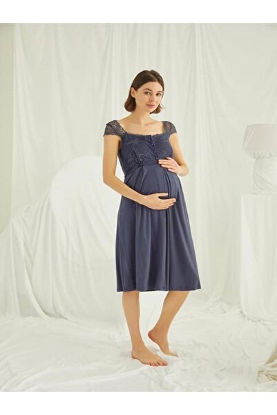 MONAMİSE موناميس، للنساء، أزرق داكن، 94% فيسكوز، 6% إيلاستين، قميص نوم للحوامل بأزرار أمامية من الدانتيل