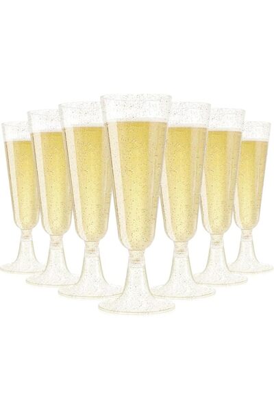 Generic ChicAbode 20 Pack Gold Glitter Plastic Champagne Flutes, Disposable Clear Acrylic Toasting Glasses
