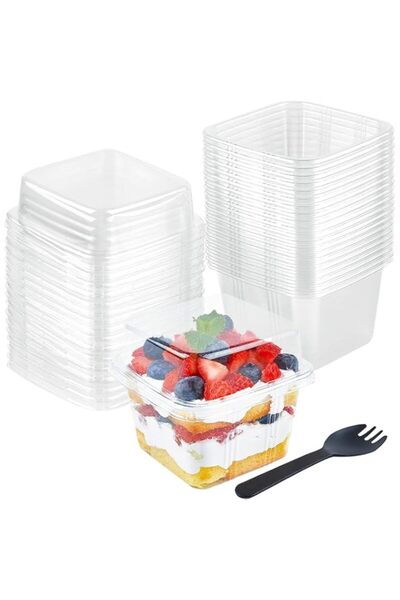 Generic Dessert Cups with Lids and Sporks, Disposable Plastic Cake Cups 8 oz Square Yogurt Parfait Containe