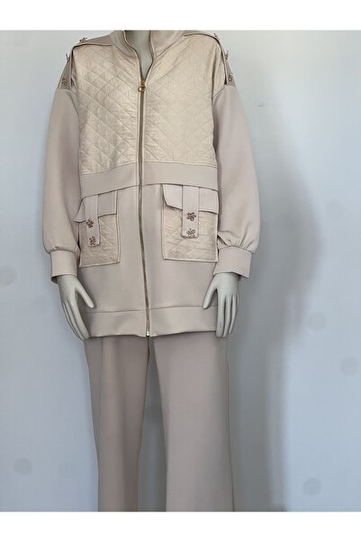 Butik Çiçek Düğmeli Kapitone Detaylı Scuba Kumaş Takım - Bej