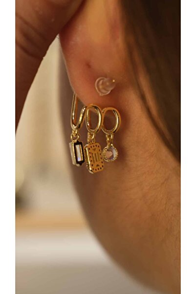 Jerie Zirkon Taş Baget Montür Üçlü Görünüm Küpe