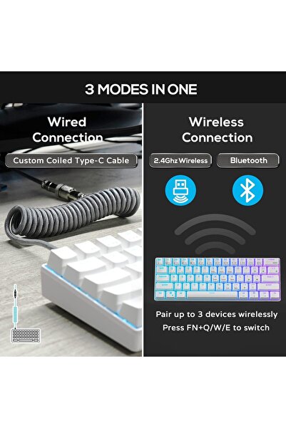 RK ROYAL KLUDGE RK61 Mechanical Gaming Keyboard 2.4GHz, Red Switch, White, Bluetooth