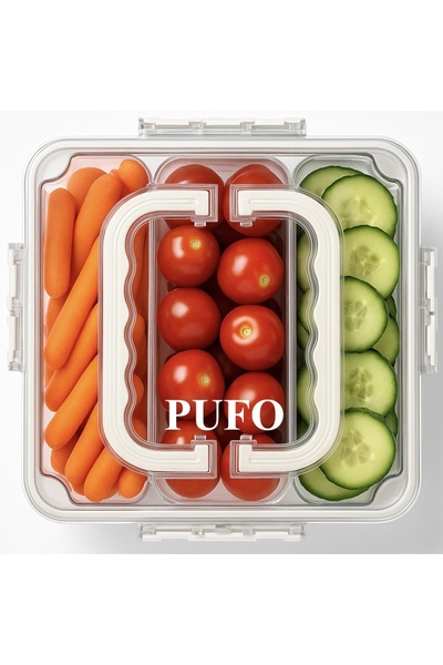 PUFO Food storage box for the refrigerator with airtight lid and 3 removable compartments, 24 x 24 cm