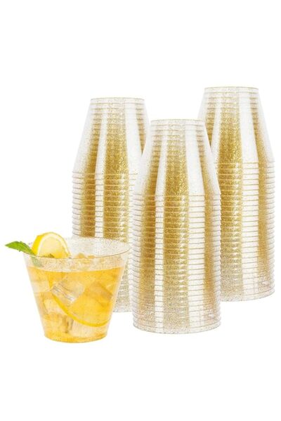 Generic JOWILIN Disposable Plastic Cups, 50 Pack 9 oz Clear Plastic Cups with Gold Glitter, Reusable and BP