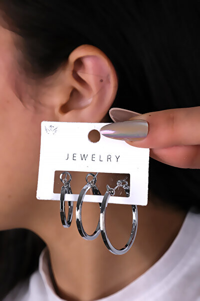 LOWEN AKSESUAR أقراط نسائية فضية اللون مكونة من 3 حلقات