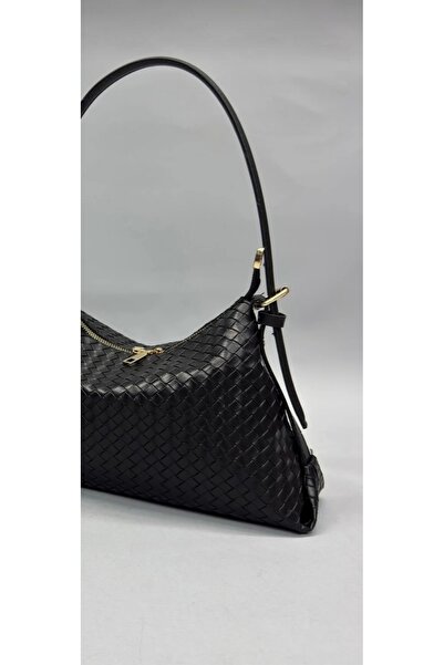 themoiss The Moiss Knitted Patterned Black Color Zippered Hand and Shoulder Bag