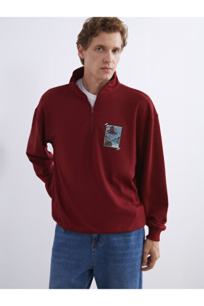 LC Waikiki Burgundy Stand Collar Printed Men's Sweatshirt