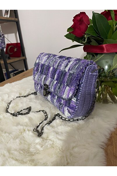 Portanda El Yapımı Simli Makrome & Kanvas Örgü Kadın Omuz ve Abiye Çantası – Mor Eflatun karışım