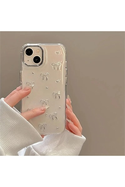 MustCase iPhone 14 Plus - 15 Plus Kılıf Fiyonk Desenli Simli Şeffaf Kılıf Güm...
