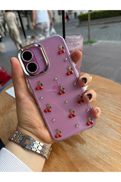 MustCase iPhone 16 Plus Kılıf Kiraz Desenli Simli Şeffaf Kılıf Gümüş Kamera Ç...