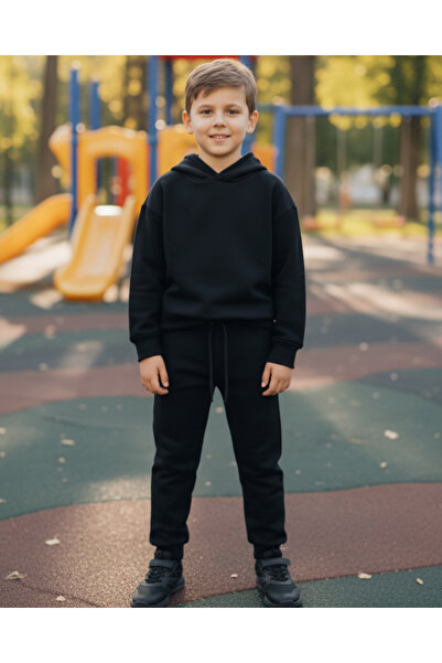 Erkek ve Kız Çocukları İçin Kapüşonlu Takım Siyah Renk Sweatshirt Unisex