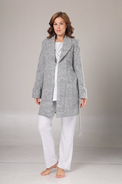Rimel Homewear Gray Fleece Maternity Pajama Set with Dressing Gown