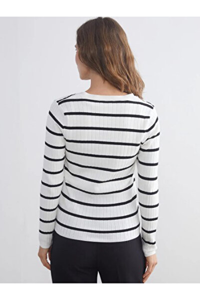 LC Waikiki Ekru V Yaka Çizgili Kadın Triko Kazak W5DA14Z829