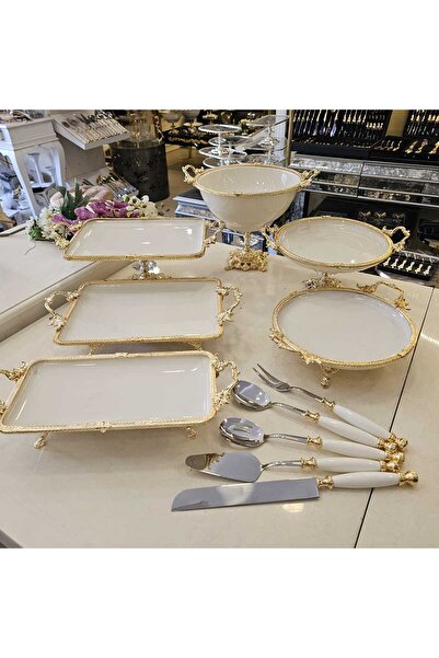 MaviDamla Cast Edge Frameworked Footed Porcelain and Serving Presentation Set Gold 11 Pieces