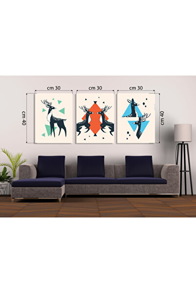 M&H Quality Geometric Deer Patterned 3-Piece Mdf Painting Set |   Nordic Style, Orange & Blue |   Installation Without Drilling