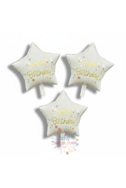 İSTOÇ PARTİ Happy Birthday Written Cream Color Star Foil Balloon 3 Pieces