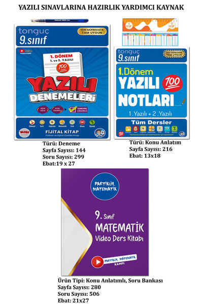 Tonguç Yayınları 9. Sınıf Yazılı Denemeleri ve Yazılı Notları 1. Dönem 1 ve 2. Yazılı+Partikül Matematik Video Ders K