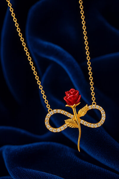 KAR DİAMOND 925 Ayar Gümüş Altın Kaplama Kırmızı Gül Sonsuzluk Kolye - Sertif...