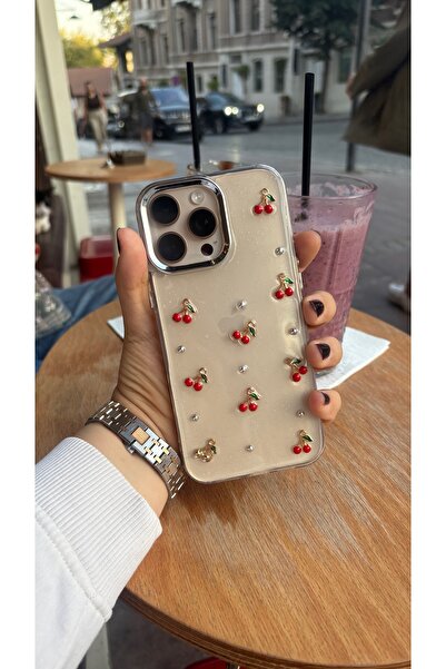 MustCase iPhone 16 Pro Kılıf Kiraz Desenli Simli Şeffaf Kılıf Gümüş Kamera Çı...