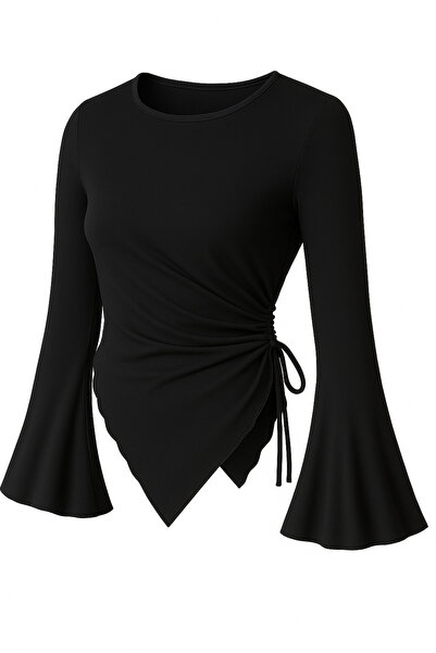 meren like your style ΜΑΥΡΗ Μπλούζα με στρογγυλή λαιμόκοψη και λεπτομέρεια ντραπέ, ισλαμική μπλούζα που ταιριάζει με το μανίκι της