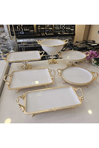 MaviDamla DÖKÜM KENAR ÇERCEVELİ AYAKLI PORSELEN SUNUM SETİ GOLD 6 PARÇA