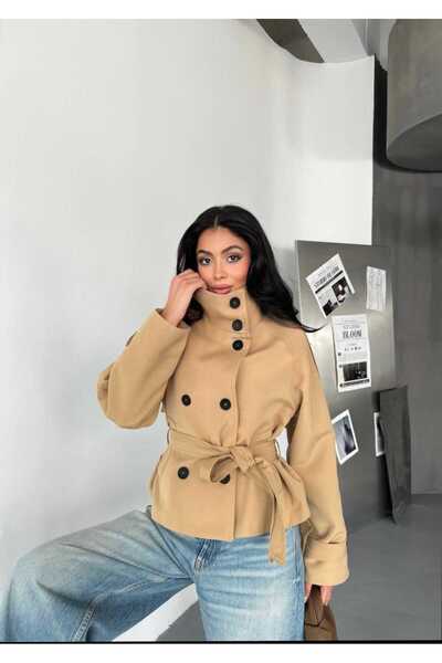 Azra Moda Style Trençkot DikYaka Düğmeli Bağlama Detay Kadın