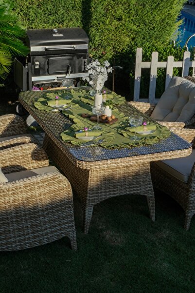 Konyaaltı Çeyizevi Fırfırlı Masa Takımı – 45x150 cm Runner + 6 Amerikan Servi...