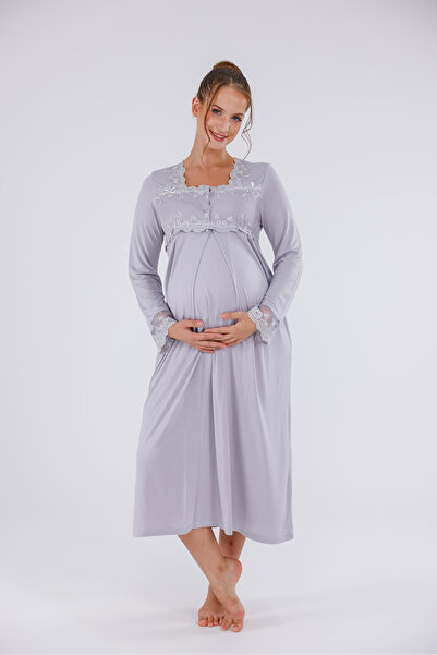 Yulem Homewear Gray Special Lace Long Sleeve Cotton Maternity Nightgown with Nursing Features