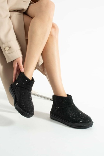 diclepolat Kadın Siyah Taşlı Alçak Taban Bot Akadan Fermuarlı Zefina