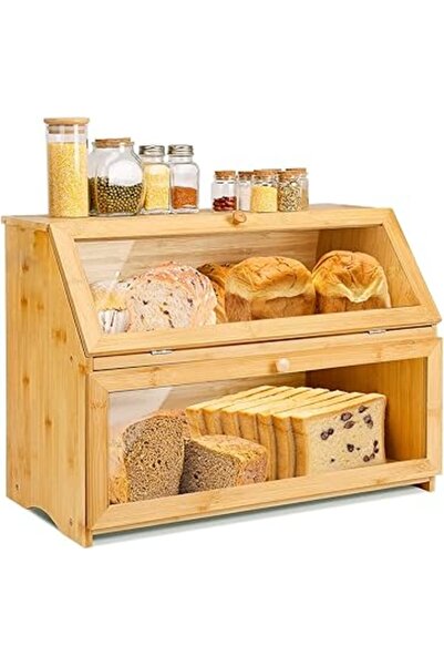 The Bros Double Lyer Bamboo Bred Box Lrge Wooden Kitchen Counter Storage Bin Trnsprent Windows