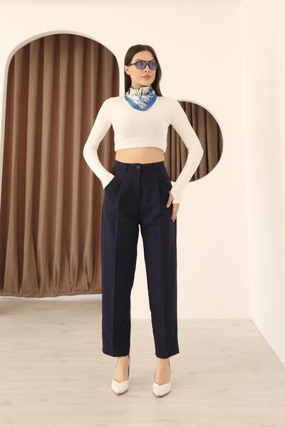 polle Pantaloni de damă, albastru bleumarin, slim fit, cu buzunare