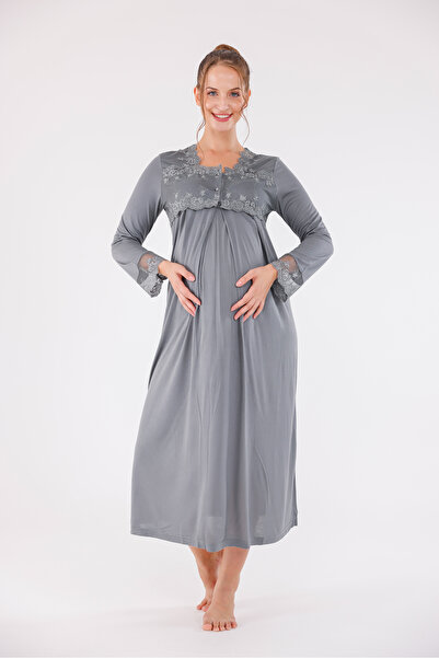 Yulem Homewear Smoked Special Lace Long Sleeve Cotton Maternity Nightgown with Nursing Feature
