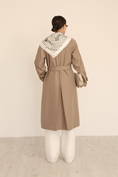 polle Kadın Vizon Fular Detaylı Kuşaklı Uzun Trençkot