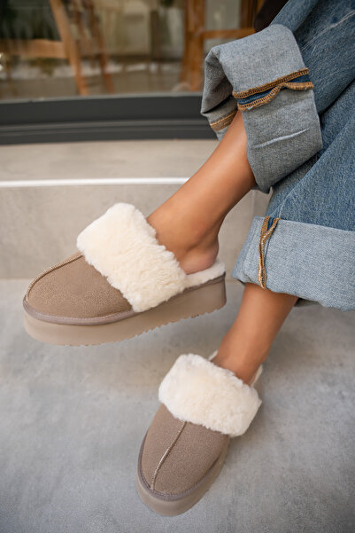 LAMİNTA Rover Vizon Süet Tüylü Düz Taban Kadın Terlik