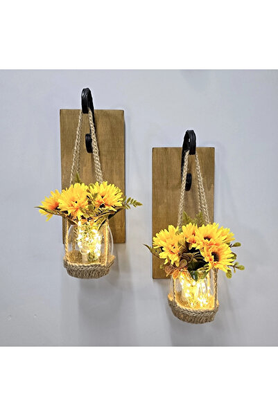 STDEKOR Wall Decoration, Led Lighted, Yellow Daisy Flowers, Oak Sconce Set of Two