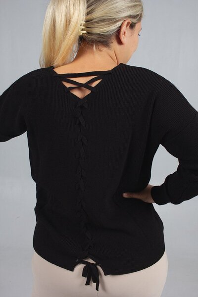 Truva XXL Back Hair Braid Detailed V-Neck Black Knitwear Sweater – Women's Standard Size (up to 46)
