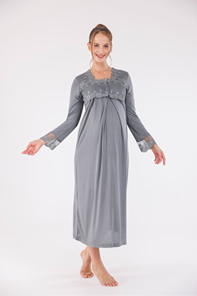 Yulem Homewear Smoked Special Lace Long Sleeve Cotton Maternity Nightgown with Nursing Feature