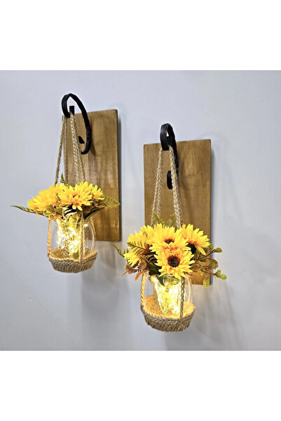STDEKOR Wall Decoration, Led Lighted, Yellow Daisy Flowers, Oak Sconce Set of Two