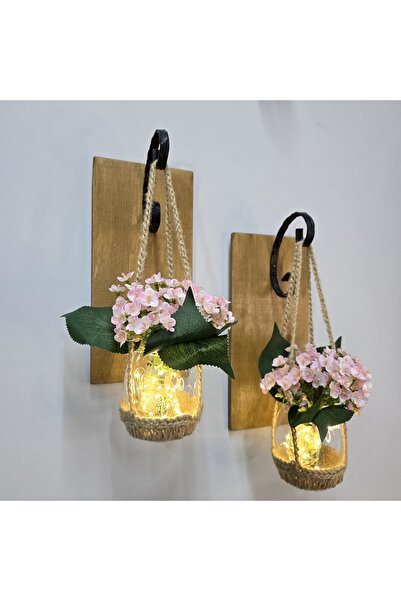 STDEKOR Wall Decor, Led Lighted, Pink Mini Hydrangea Flowers, Oak Sconce Set of Two