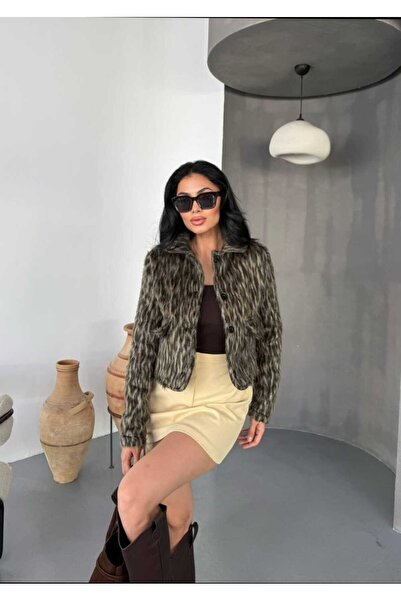 Azra Moda Style Leopard Patterned Lined Fur Jacket Women