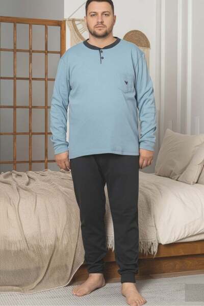 embody Men's cotton interlock long pyjamas, large size, blue/black 3005