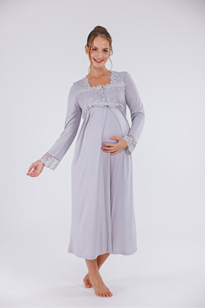 Yulem Homewear Gray Special Lace Long Sleeve Cotton Maternity Nightgown with Nursing Features